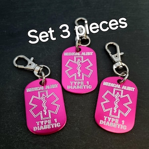 Set 3 Medical Alert Keycahin Personalized Engraved Aluminum 38x25 -Medical ID Tag ·Emergency Med Alert Keychain  ICE Medical Information Tag