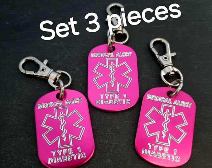 Set 3 Medical Alert Keycahin Personalized Engraved Aluminum 38x25 -Medical ID Tag ·Emergency Med Alert Keychain  ICE Medical Information Tag