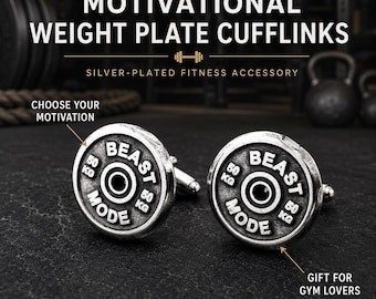 Motivational Weight Plate Cufflinks 50kg, Gym Cufflinks for Men, Fitness Gift for Him with Choose Your Workout Phrase ·Wod & Fit