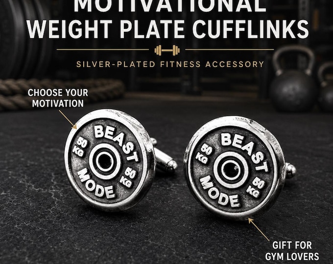 Motivational Weight Plate Cufflinks 50kg, Gym Cufflinks for Men, Fitness Gift for Him with Choose Your Workout Phrase ·Wod & Fit