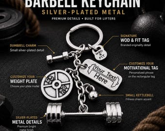 Gepersonaliseerde sleutelhanger met halterstang, fitness sleutelhanger met gewichtsschijf en kettlebell, cadeau voor de sportschool, cadeau voor een trainer, cadeau voor je vriend, WOD & Fit