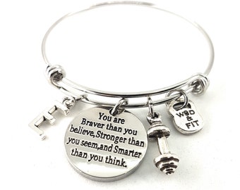 You are Braver than you believe...Bracelet Dumbbell & Initial.Motivation- Fitness Bracelet - Female Bodybuilding - Fitmom -Gym Gift Bracelet