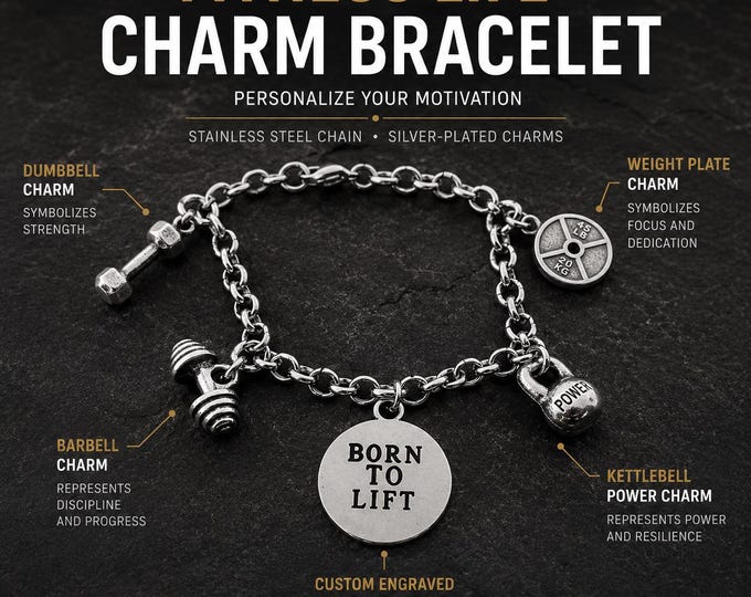 Personalized Fitness Bracelet with Name, Custom Gym Bracelet with Barbell, Dumbbell, Kettlebell and Diamond Engraved Tag · Wod & Fit