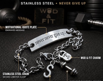 Never Never Give Up bracelet for women, motivational strength gift for friend, sister, mom, daughter or loved one Wod & Fit