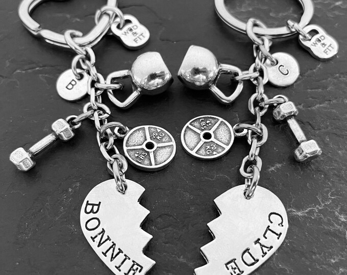 Couple Keychain Bonnie Clyde · Gym Gift · couple gifts · initial jewelry · gift for wife ·anniversary gift · Engagement gift ·Wod & Fit