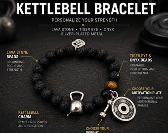 Motivational Gym Bracelet with Natural Stone Beads, Fitness Gift with Weight Plate Quote, Kettlebell, Dumbbell or Barbell Charm · Wod & Fit