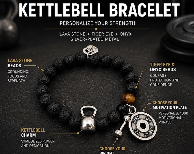 Motivational Gym Bracelet with Natural Stone Beads, Fitness Gift with Weight Plate Quote, Kettlebell, Dumbbell or Barbell Charm · Wod & Fit