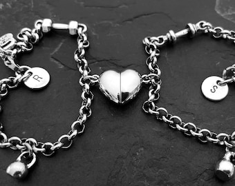 Couples Bracelet Heart Dumbbell and Initials · Bff Gifts · Anniversary Gift · Friendship bracelet · Bracelet set · Couples gift · Wod & Fit