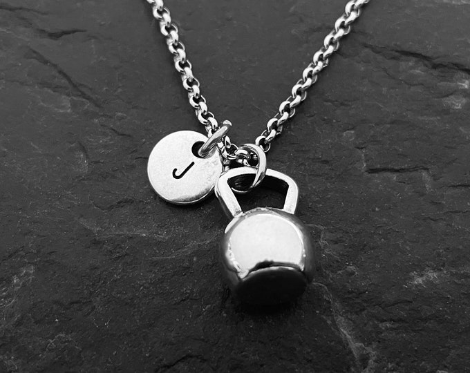 Kettlebell Necklace & Initial Letter.Fitness Weight lifting,Bodybuilding,Kettlebell Necklace,Motivation,Fitmom,Coach Gift Crosstraining Gift