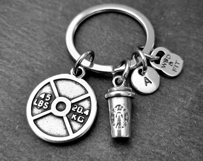 Gym Keyring  Iron and Coffe Initial  Gym Gift Coffee lover - Love Gift · Fitness Gift - coffee Cup -Personal Trainer - bff gifts - Wod & Fit