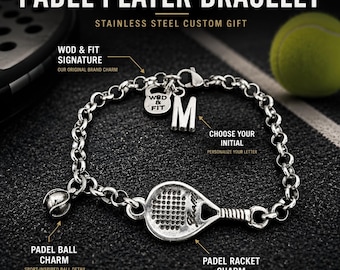 Personalized Padel Bracelet with Racket, Ball and Initial, Stainless Steel Chain, Gift for Padel Player Wod & Fit