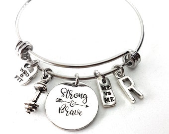 Fitness Bracelet Strong and Brave · Initial Bracelet · Women Bracelet · Gym Gifts · Bff Gifts · Daughter Gift · I am enough ·GYM·Wod and Fit