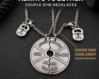 Weight Plate Always Together couple gym necklaces, romantic fitness gift for workout partners, boyfriend, girlfriend or gym couple Wod & Fit