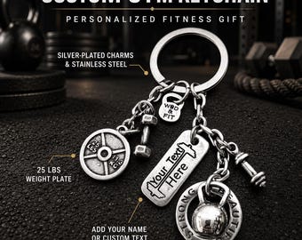Personalized Gym Keychain 25lbs with Name, Fitness Gift for Her with Kettlebell, Barbell,Dumbbell and Motivational Ring Gym Jewels Wod & Fit