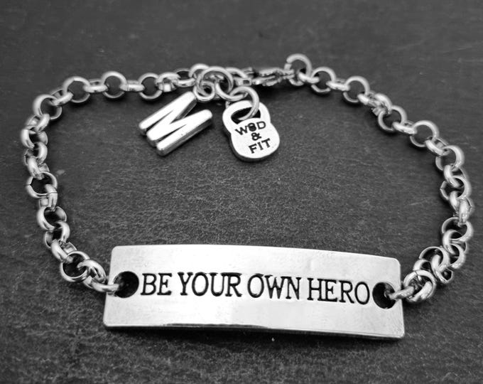 Bracelet Be Your Own Hero · Initial Braceleinitial bracelet · Message jewelry · Gift for Dad · Sister Gifts · Mom Gifts· BFF gift· Wod & Fit