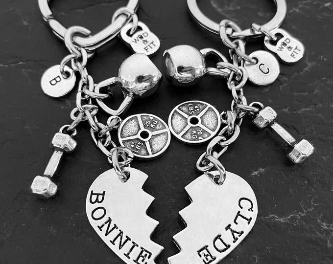 Couple Keychain Bonnie Clyde · Gym Gift · couple gifts · initial jewelry · gift for wife ·anniversary gift · Engagement gift ·Wod & Fit