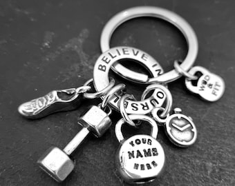 Personalized Hybrid Fitness Keychain Name Date | Runner Gym Gift Functional Fitness Race | Dumbbell Kettlebell Timer Running Wod & Fit
