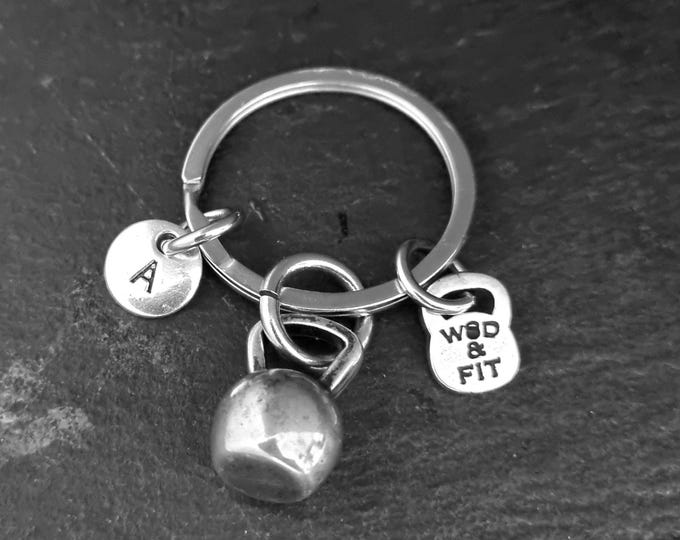 Personalized Kettlebell Keychain with Initial – Silver Metal Fitness Gift - gym accessories – Single or Set 1-24 pcs -athlete gift Wod & Fit