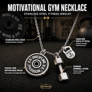 Gymhalsband med mellanstor hantel och motivationsskiva, kedja i rostfritt stål, present till fitnessälskare · Wod & Fit