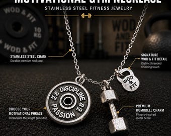 Motivational Gym Necklace with Medium Dumbbell and Weight Plate, Stainless Steel Chain, Weightlifting Gift WOD & FIT