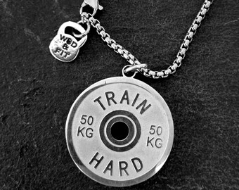 Gym Gift Train Hard Weight Plate Necklace Motivation · Bodybuilding · Weight Lifting - Fitness necklace · Powerlifter necklace ·  Wod & Fit