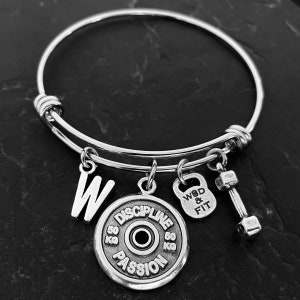 Pulsera Fitness Workout Disco Motivación y iniciál · Regalo Gym · Bodybuilding · Weight Lifting · Regalo novia · Pulsera Gym · Wod & Fit