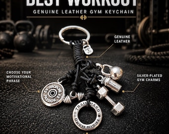 Personalized Gym Keychain Black Leather with Name, Custom Fitness Gift with Kettlebell, Dumbbell, Shaker, Motivation Plate and Engraved Ring