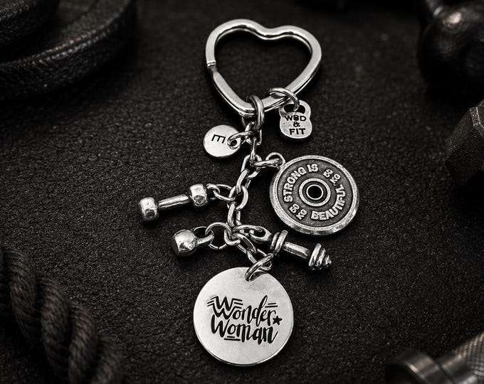 Gym Woman Keychain Personalized Fitness Gift for Women Gym Lover Dumbbell Kettlebell Barbell Charm Heart Ring Fit mom , Fit Girl Wod & Fit