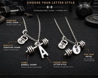 Barbell Necklace with Initial, Personalized Gym Necklace, Fitness Gift for Her or Him, Stainless Steel Workout Jewelry · Wod & Fit