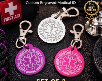 Set of 3 custom emergency medical alert tags, medical ID tags for allergies, diabetes, medication, backpack or travel, allergy tag