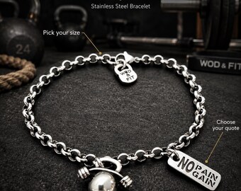 Motivational Gym Bracelet with Kettlebell Bent Barbell, Fitness Gift with Choose Your Quote and Stainless Chain · Wod & Fit