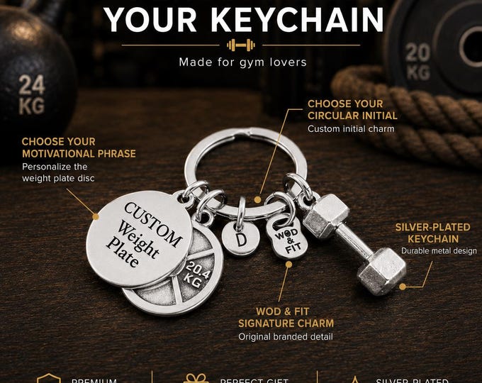 Personalized Gym Keyring Dumbbell Custom Weight Plate 45lbs · Boyfriend gift · Coach Gift · best friend gift · Bff Gifts ·Dad Gift Wod & Fit