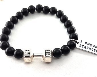 Gym Bracelet Dumbbell Black Agate Stone Motivation · Fitness · Gym Life · Bodybuilding · Fitenss Bracelet · Workout Gifts· Sport · Wod & Fit