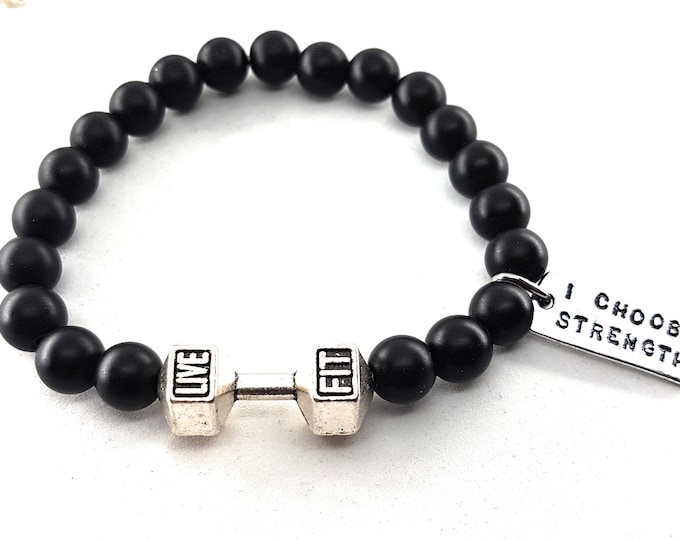 Gym Bracelet Dumbbell Black Agate Stone Motivation · Fitness · Gym Life · Bodybuilding · Fitenss Bracelet · Workout Gifts· Sport · Wod & Fit