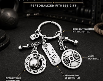 Personalized Gym Keychain with Name, Custom Fitness Gift with Kettlebell, Weight Plate 45lbs, Barbell,Dumbbell and Motivational Ring Wod Fit