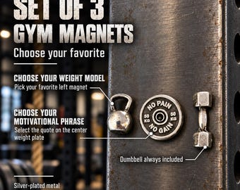 Set of 3 gym magnets for whiteboard with dumbbell and kettlebell, fitness planning gift for coach, trainer, home gym or box - Wod & Fit