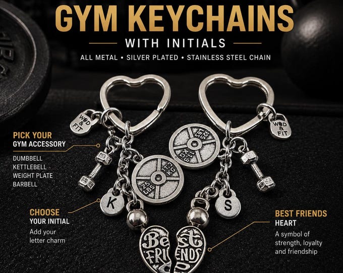 Best Friends Gym Keychains with Initials, Fitness Gift for BFF, Couple or Workout Partners  · Sisters  gift · Wod & Fit