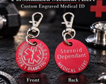Keychain Medical Alert Custom Engraved Aluminum Round 30mm NO LASER - Medical Alert Keychain - Diabetes - Allergy - Medical Condition ICE