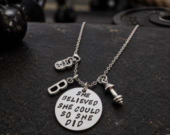 She Believed She Could So She Did Motivational Necklace Initial - Fitness gift - weight loss - Sister necklace -Gift for Girl - Wod & Fit