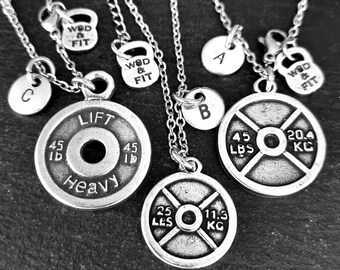 Lift Heavy Necklace with Initial | 45lbs/25lbs Barbell Plate | Gym Jewelry for Him Her | Fitness Gift | Stainless Steel Chain by Wod & Fit