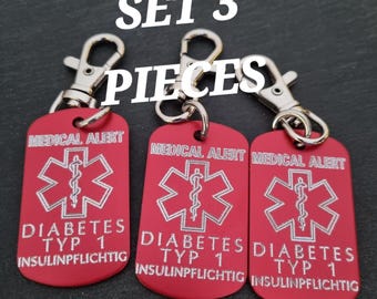 Medical Alert Set 3 Keychains Personalized Engraved Aluminum 50x30 - Medical ID Tag, Emergency Med Alert  ICE Medical Information Tag epipen