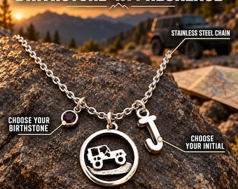 Off Road Girl 4x4 necklace with birthstone and initial, personalized adventure gift for women, truck lover or outdoor girl