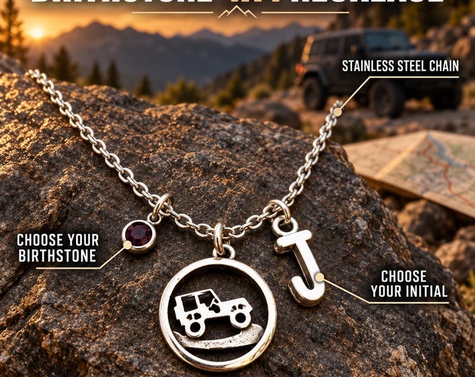 Off Road Girl 4x4 necklace with birthstone and initial, personalized adventure gift for women, truck lover or outdoor girl