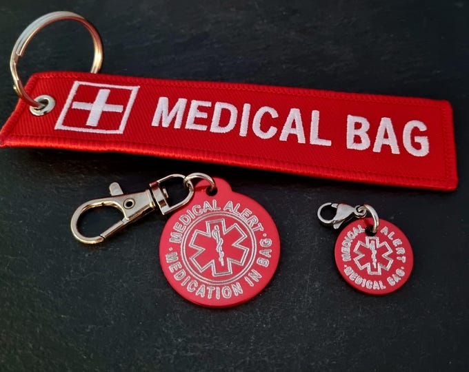 Emergency Medical Alert Medical Bag + Aluminum Tags · Epipen Inside · Medical Alert Keychain -Diabetes - Allergy - Inhaler inside ·First Aid