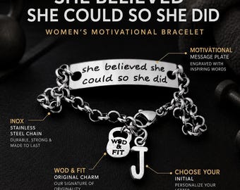 She Believed She Could Bracelet, Motivational Strength Gift for Her, Personalized Initial Jewelry Wod & Fit