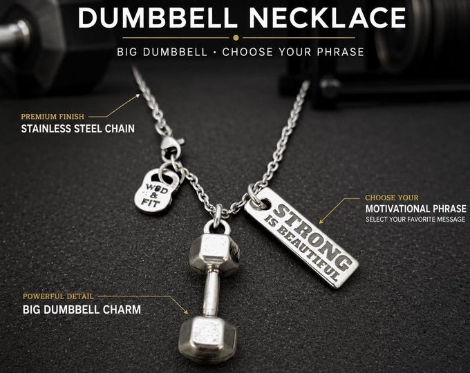 Motivational dumbbell gym necklace, unisex fitness jewelry gift for lifter, athlete, coach, trainer, gym lover or weightlifting fanWod & Fit