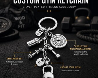 Schlüsselanhänger mit Kettlebell, Gewichtsscheibe und Protein-Shaker für Fitnessbegeisterte; Fitnessgeschenk für Kraftsportler oder WOD & Fit-Trainer