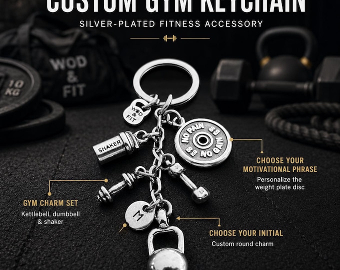 Gym keychain with kettlebell, weight plate and protein shaker, fitness gift for gym lovers, lifters, athletes or coaches · Wod & Fit