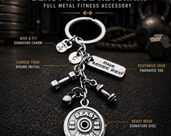 Personalized Gym Keychain Beast Mode with Initial, Custom Engraved Tag, Dumbbell Kettlebell Barbell, Fitness Gift  Wod & Fit