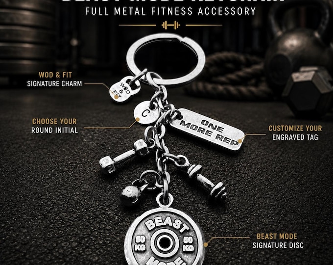 Personalized Gym Keychain Beast Mode with Initial, Custom Engraved Tag, Dumbbell Kettlebell Barbell, Fitness Gift  Wod & Fit